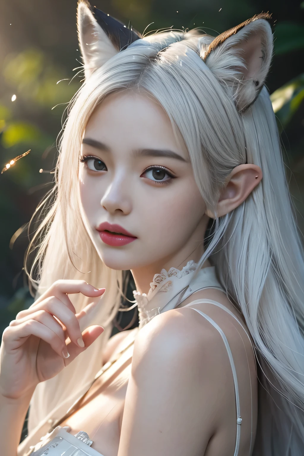 masterpiece，best quality，（Very detailed CG unified 8k wallpaper），（best quality），（Best illustrations），（The best shadow），1 White-haired fox-eared young fox pose，Close-up of beautiful woman with white hair and white mask，beautiful figure painting，Gurwitz，Gurwitz-style artwork，White-haired god，Yang Jian，Epic and beautiful character art，Stunning character art，Fan Qi，Wu Zhun Shifan，Gurwitz on Pixiv Art Site，glow elf，Natural elements in forest theme。Mysterious Forest，Beautiful forest，great outdoor activities，surrounded by flowers，精緻的樹葉和Twig被螢火蟲包圍（Natural Elements），（Jungle theme），（leaf），（Twig），（firefly），（Particle Effects）， Octane Rendering，Ray tracing，Super detailed