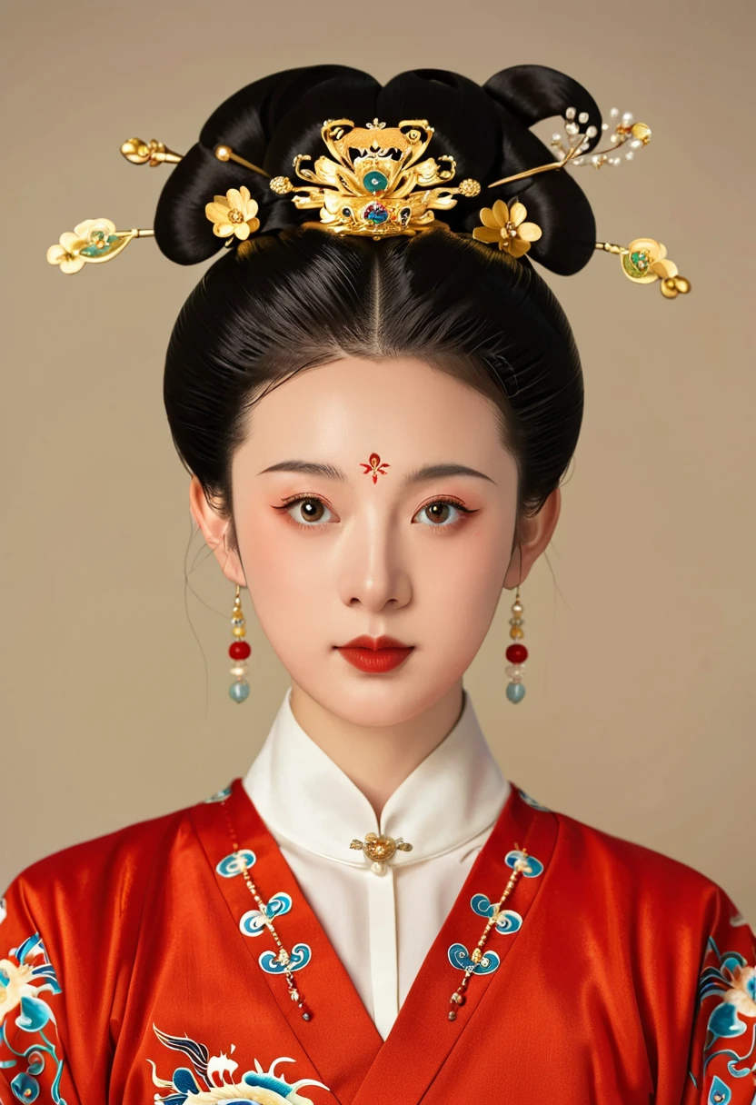 Chinese classical girl portrait,symmetry,Round Face,Bright Eyes,Smooth skin,Chinese Song Dynasty official uniform,egotistical,High bun,Clean background