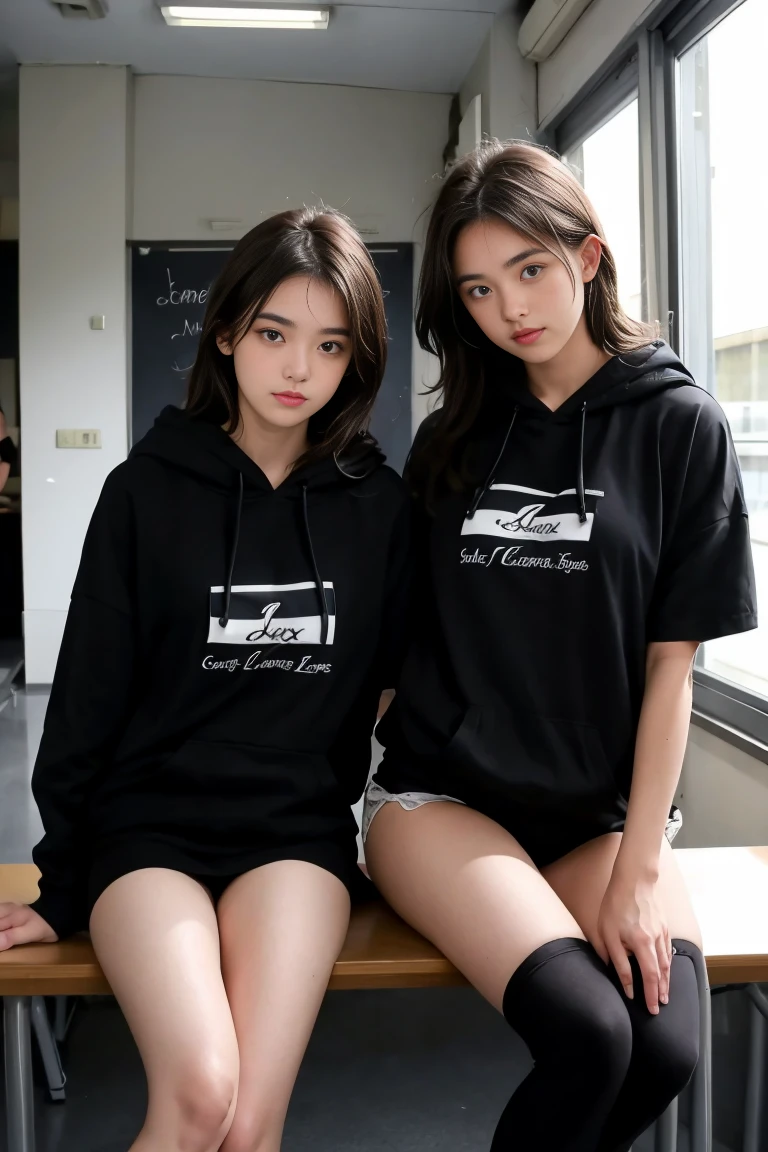 deux femmes ensemble de 18 ans sexy et mince , black short sleeve hoodie , salle de classe, se touche,position sey,sensuel