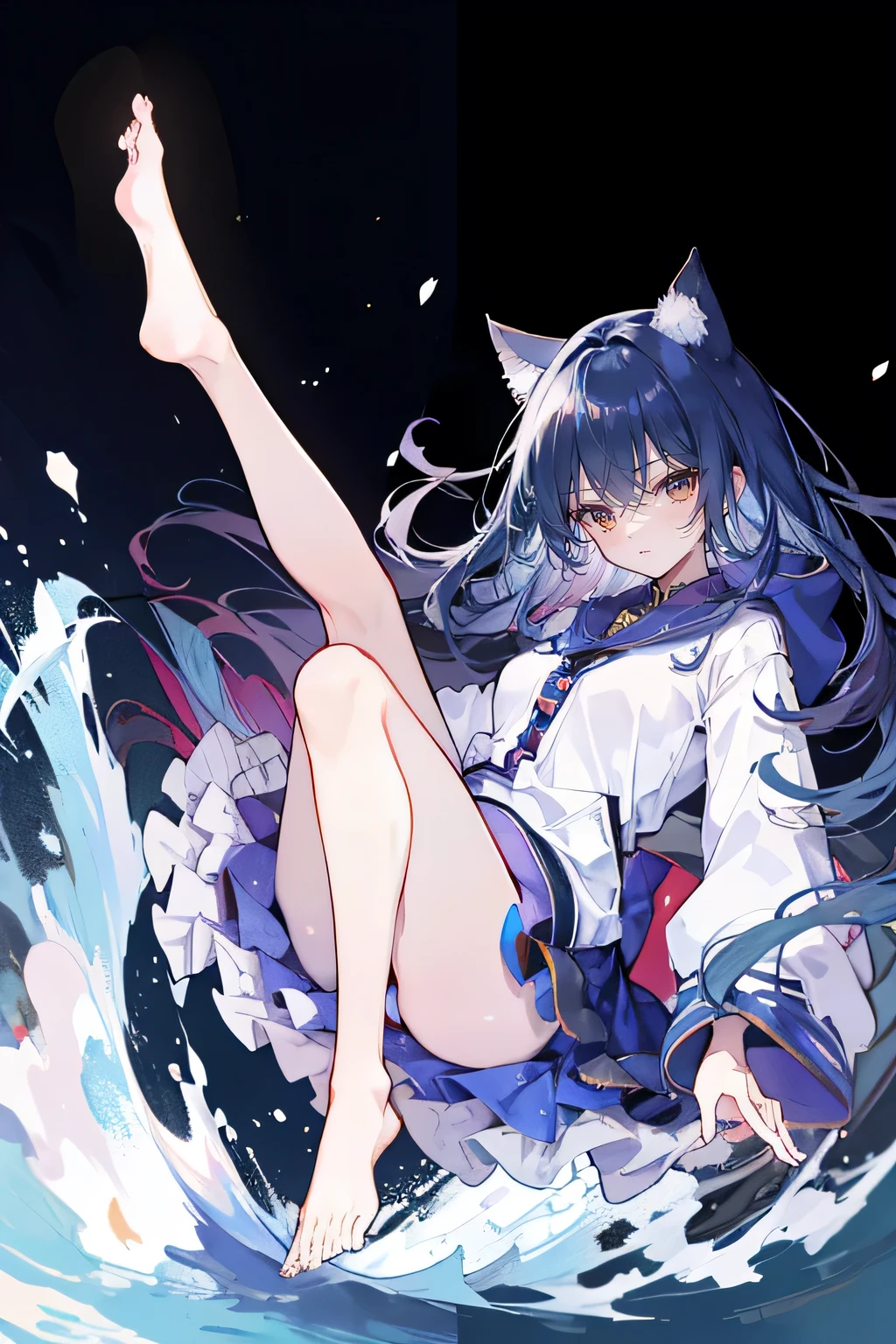 (masterpiece:1.2),Super detailed,lifelike,Expressive eyes,fair skin,perfect face shape,1 girl,
Japanese comics,Gorgeous blue hair,flowing blue hair,flowing clothes,Cat ears,Petals fall,beautiful lola,Baby Angel,sunrise,
Shaking head with one hand,Cross your legs,Gentle and peaceful background,The pavilion is cool and comfortable,smile, wearing hoodie, background of tokyo,back views,snowing, winter,seaside,wet clothes,A smile,A faint smile,。dark blue gradient hair,asymmetrical hair,((Hair is very thick 1.8,Chiseled hair 1.6)), Hair over the shoulders, Messy hair, Very long hair, shiny hair,(long dark blue hair:1.2),A beautiful girl,(Transparent clothes transparent 1.8),Perfect body,Big thin legs,slender,(Looks very sad,Looks haggard ,sadness,shut your mouth:1.2) Against the backdrop of an unusually bright dark starry sky,(Put your hands behind your back),(round,Room, Strong breasts),barefoot,float,water surface,(long legs,long legs,long legs,Complete)