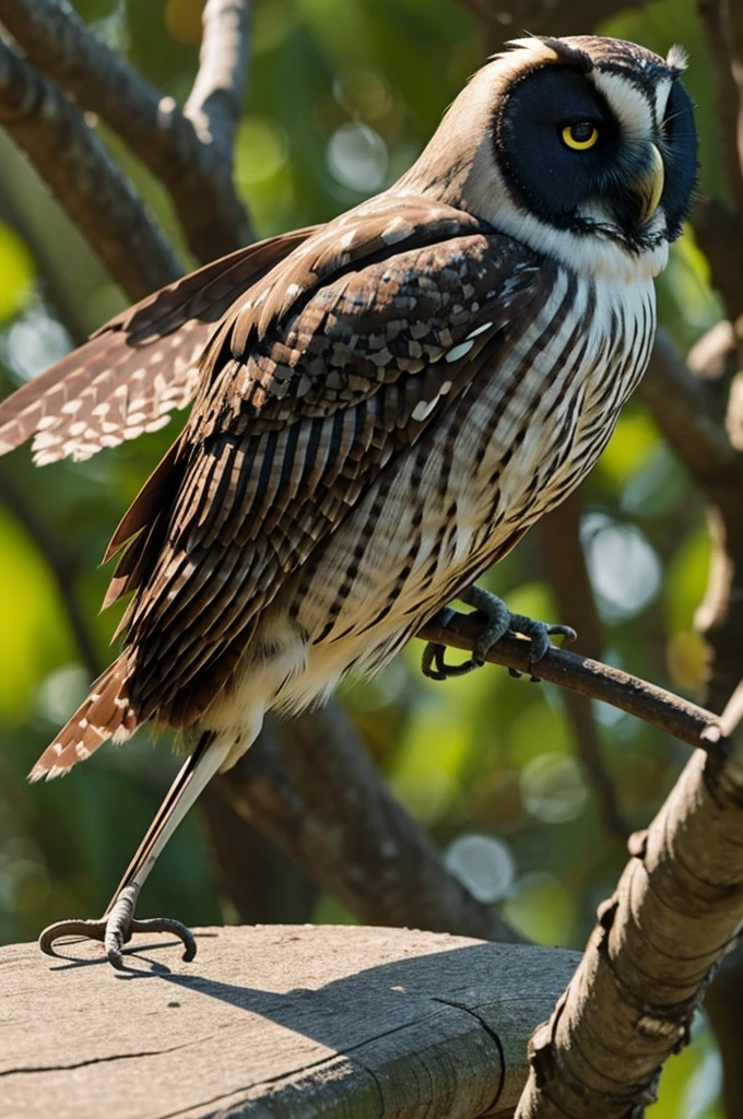 The bird has a human body, two arms are wings, legs are a bird with black feathers all over and the head is an owl.