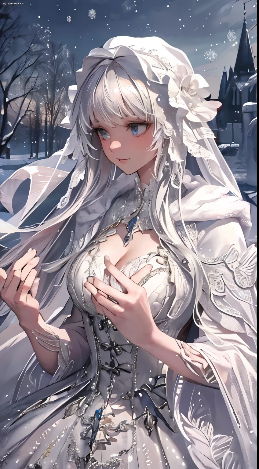 Photorealistic, high resolution, 1 Women, Solo, (Lolita costume)，Gorgeous costumes，Face the audience，The upper part of the body，upper legs， beautidful eyes, White hair, ringed eyes, (outside，Heavy snowfall，Cloak，Cover with snow)，snowfield
