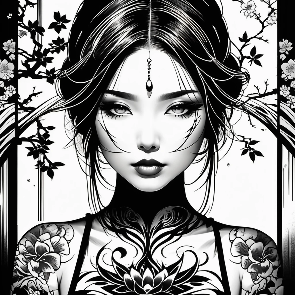 (high qualiy,4K,8K,high resolution,work of art:1.2),ultra detali,detailedeyes, Detailed lips,black and white ink stroked Japanese tattoo,girl with complex traditional tattoo,elegant dark hair flowing down,subtle shading and highlights,Japanese traditional background with cherry blossoms and waves,sharp lines and precise details,tattoo texture showing thin brushstrokes and ink splatters,subtle variations in shading and depth,meticulously crafted patterns and symbols,high contrast between light and dark areas to create a dramatic effect,complex and significant symbolism,delicate and intricate floral elements,exquisite craftsmanship and attention to detail,Gothic-inspired fashion with a modern twist,confidence and balance in the girl&#39;s expression,strong and bold presence in the overall composition,Sharp focus to capture every intricate detail,subtle shadows and smooth gradients to create depth and dimension,strong contrast between the black tattoo and the girl&#39;s pale skin,traditional Japanese aesthetics combined with contemporary influences,proud and elegant posture of ,patiently engraved lines and dots,smooth and graceful curves of the tattoo design,Meticulously executed lines and shading.