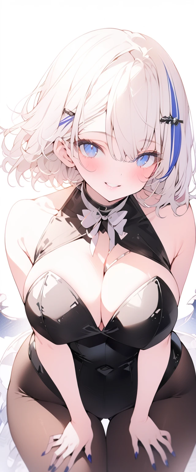 beautiful, masterpiece, Highest quality, anime, One girl, C Cup,Portrait Shot, View your viewers, Covered、Short Hair、nearby、Blue Eyes、art、、White hair,Blue streaked hair、hairpin、Cute smile、Thighs、Cute、Beautiful breasts、 tights、Cabaret Suit、brown_tights、Micro Mini、Career Woman Look