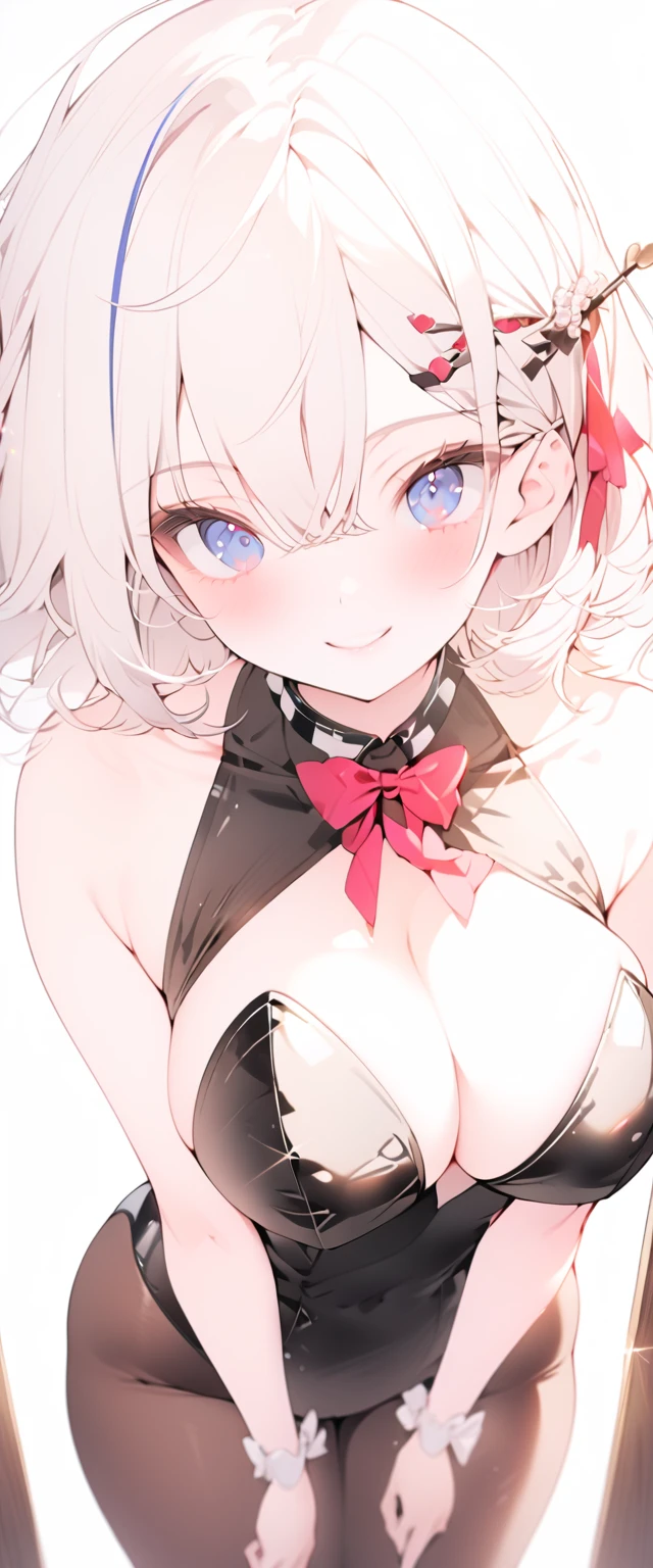 beautiful, masterpiece, Highest quality, anime, One girl, C Cup,Portrait Shot, View your viewers, Covered、Short Hair、nearby、Blue Eyes、art、、White hair,Blue streaked hair、hairpin、Cute smile、Thighs、Cute、Beautiful breasts、 tights、Cabaret Suit、brown_tights、Micro Mini、Career Woman Look