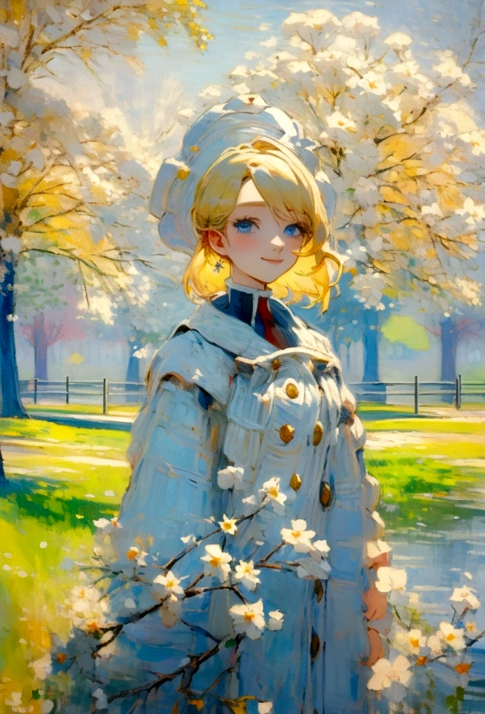 masterpiece, Highest quality, One girl, beautiful, Are you okay, delicate, Very complicated, detailed, Blonde, Jacket, blue eyes, ((masterpiece)), extremely detailed, Highest quality, High resolution, ((at the park)), Bridget, smile,  