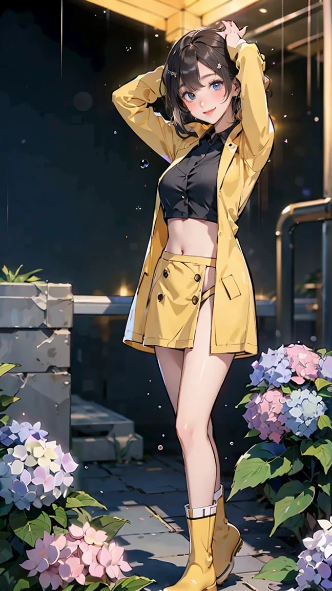 crystallineAI, ((((highest quality)))), (((Ultra-precision CG 16K))), (((masterpiece))), (((Very detailed))), (((Extremely detailed))), (((Black outline:1.3, Written boundary depth:1.3 , Written soft outline))), Blur, Bokeh, Maximum clarity and sharpness,Multilayer Texture, Surface Shading, Cinematic lighting, Beautiful details sparkle ,Perfect Proportions, Limited to three woman, BREAK accurate, Anatomically correct, Highly detailed face and skin texture, drawn in detail, Highly detailed facial and skin texture, Detailed eyes, beautiful hair, Beautiful Japanese Idol face, Beautiful and beautiful eyes, Beautiful body, Beautiful breasts, Beautiful thighs, Beautiful legs, Beautiful fingers, (Beautiful views) , skinny body, ((Beautiful Skin)), ((Skin Texture)) BREAK breast enlarged, large Breasts, rocket breasts, slender waist, (blush, smiling:1.3,) BREAK (((yellow raincoat:1.3 , yellow rain boots, cover your whole head, cyberpunk , school uniform:1.3, midriff peek, button up))) , wearing earrings, BREAK ((( a girl stretch out, rainbow, sunny rain , hydrangeas, frog, stick breast out))),(serious, full body shot, long shot , from front:1.3 , from below:1.3,),