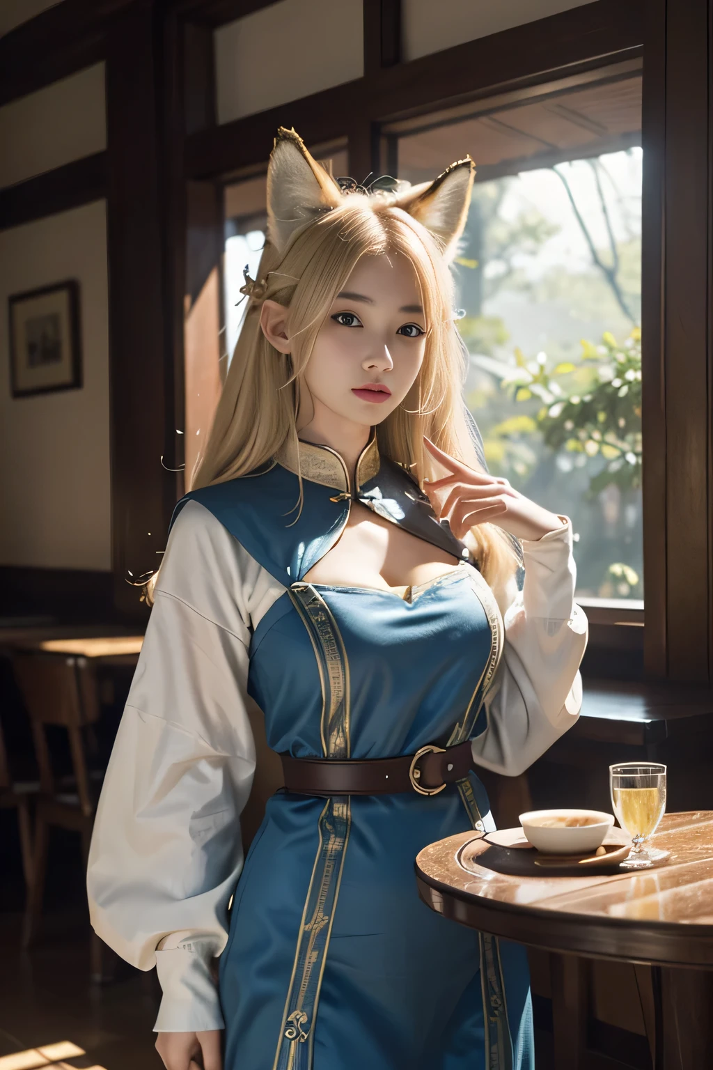 masterpiece,best quality,(Very detailed CG unified 8k wallpaper),(best quality),(Best illustrations),(The best shadow),1 Golden hair, fox ears, nine-tailed fox pose,Close-up of beautiful woman with blond hair and white mask,beautiful figure painting,Gurwitz,Gurwitz-style artwork,White-haired god,Yang Jian,Epic and beautiful character art,Stunning character art,Fan Qi,Wu Zhun Shifan,Gurwitz on Pixiv Art Site,glow elf,Natural Elements in Restaurant Themes。Mystery Restaurant,Beautiful cafe,Great indoor activity,Surrounded by elves,Surrounded by exquisite furnishings and café furnishings(Natural Elements),(Cafe theme),(leaf),(Twig),(firefly),(Particle Effects), Octane Rendering,Ray tracing,Super detailed