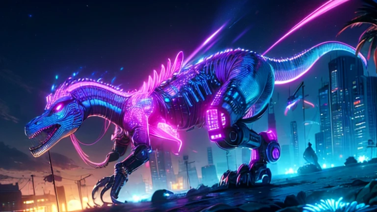top quality, future world, State-of-the-art robot, (1 Beautiful Woman and 1 pink colour dinosaur) ,dinosaur in the background, flying hair, (Transformed into a cyborg except for the face), sexy images, whole body photo,