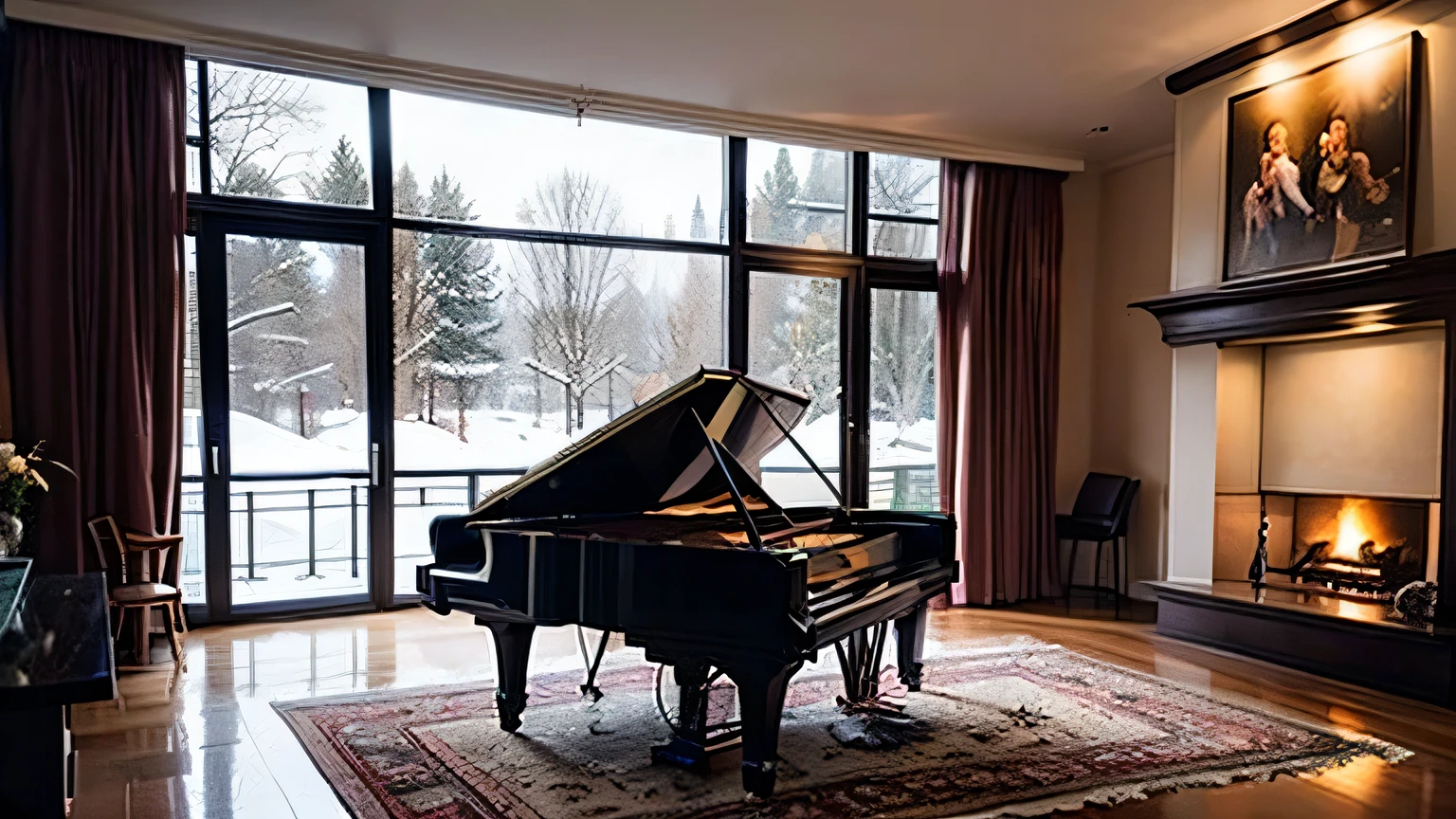 There is one bedroom,There was a big bed,There was a fireplace,Large glass floor-to-ceiling windows,City view, There is snow outside the window, sweet night atmosphere, Relaxed atmosphere, relaxing environment, Sublime and comfortable atmosphere, Rich atmosphere, Dynamic Jazz Piano Portrait, Night atmosphere, Unreal Engine ; Romantic Theme, Peaceful atmosphere, relax, There is piano in the background, deep emotional atmosphere, Luxurious environment, Soft ambient lighting