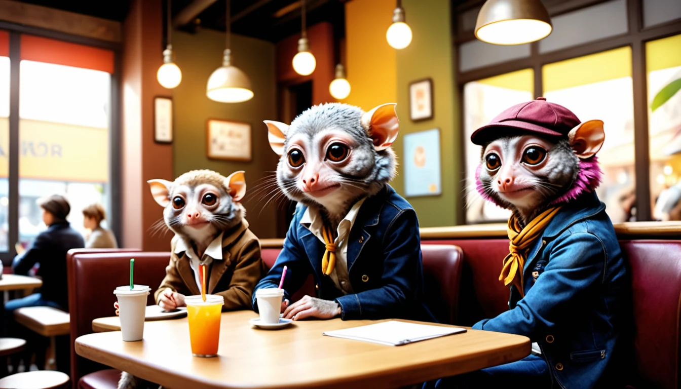 (photo film style), anthropomorphic, cute tarsiers, colorful , stylish open cafe, studying, 2D, colorful, warm atmosphere, shiny, Jean-Baptiste Monge style, Alan Lee style