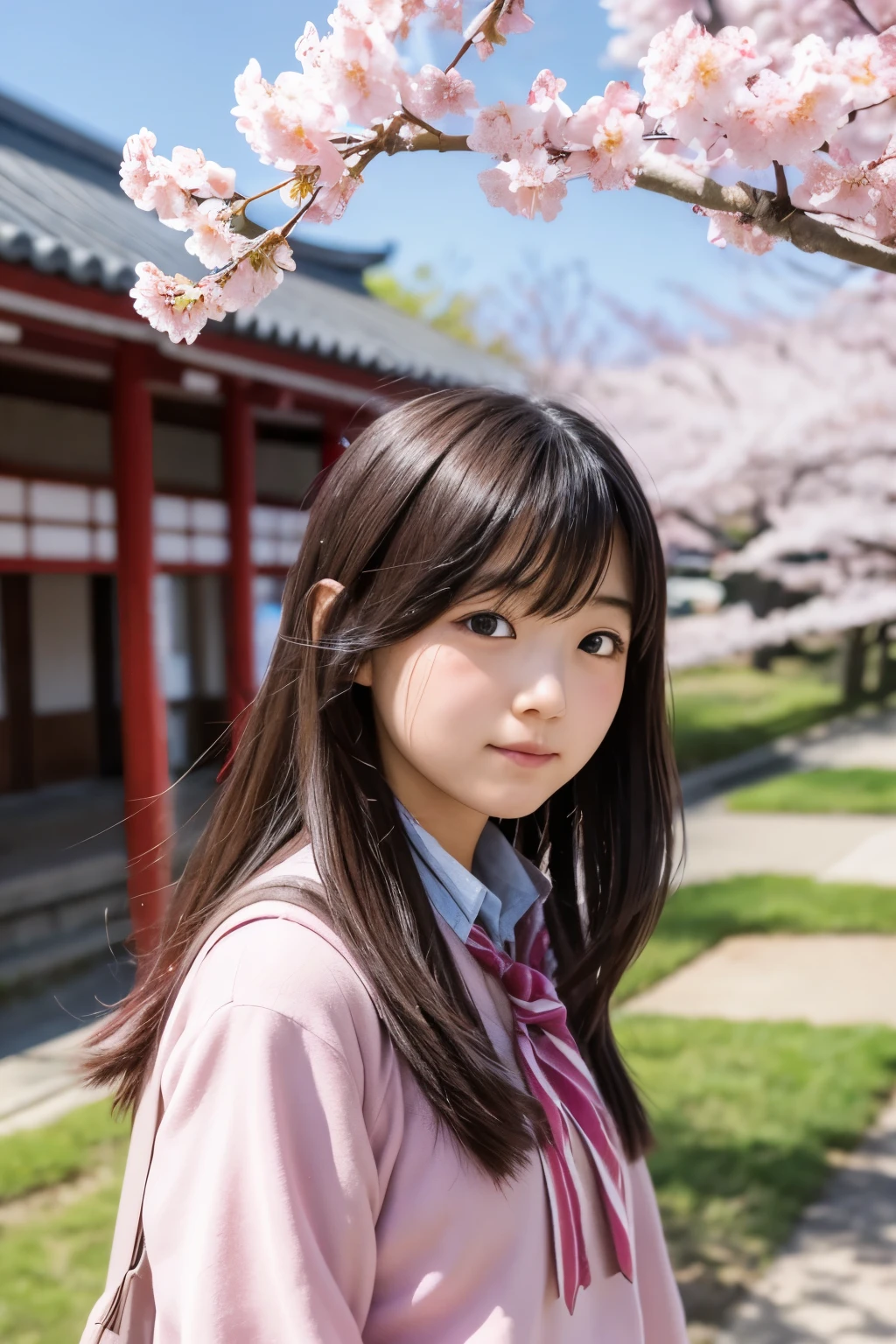 A Japanese high school girl surrounded by cherry blossoms in the morning sunshine、Her hair is pink and blowing in the wind at 5m/s.。The high school girl is facing forward.。
