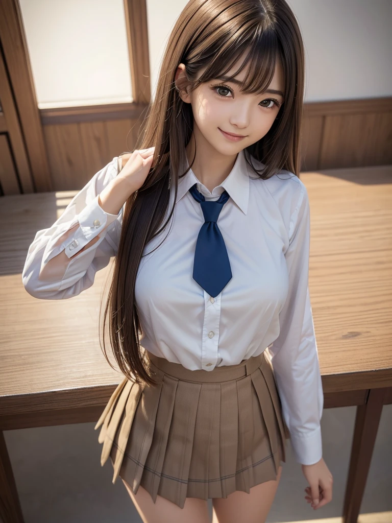 8K, Highest quality, The real picture, Intricate details, Very detailed, Ultra-high resolution, Depth Field,(Realistic,Realistic:1.2),Tabletop , ((Full Body Shot)) , ((Long, slender legs)), 1 girl, eye_Chan, Very beautiful 17 year old girl, innocent big eyes,、Beautiful breasts:1.5、非常に詳細なeye:1.2)、(Beautiful breasts:1.1)、((Light brown hair))、(Long Bob Hair), Asymmetrical bangs, Perfect Skin, Fair skin, Small breasts, Tight waist, alone, Staring at the audience, (smile)、((School_uniform), (White shirt、Wear a tie), (Blue checkered pleated micro mini skirt), ((Fold your arms in front of your chest and act arrogantly)), ((楽しそうなsmile)), ((Perfect hand shape))