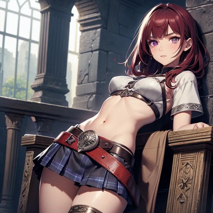 (absurdres, high fantasy artwork, best high quality image, carefuly detailed, very detailed features and textures), solo character, 10-years-old barbarian girl, she has short red hair, purple eyes with black pupils, flat chest, slender contexture, very thin lips, white skin, (scottish short skirt, grey leather shirt, silver meral belt between her scottish short skirt and belly), (broad sword on her back)
Confident pose, very serious face, no sense of humor
Wooden irish cotage with ancient greek forniture and celtic forniture