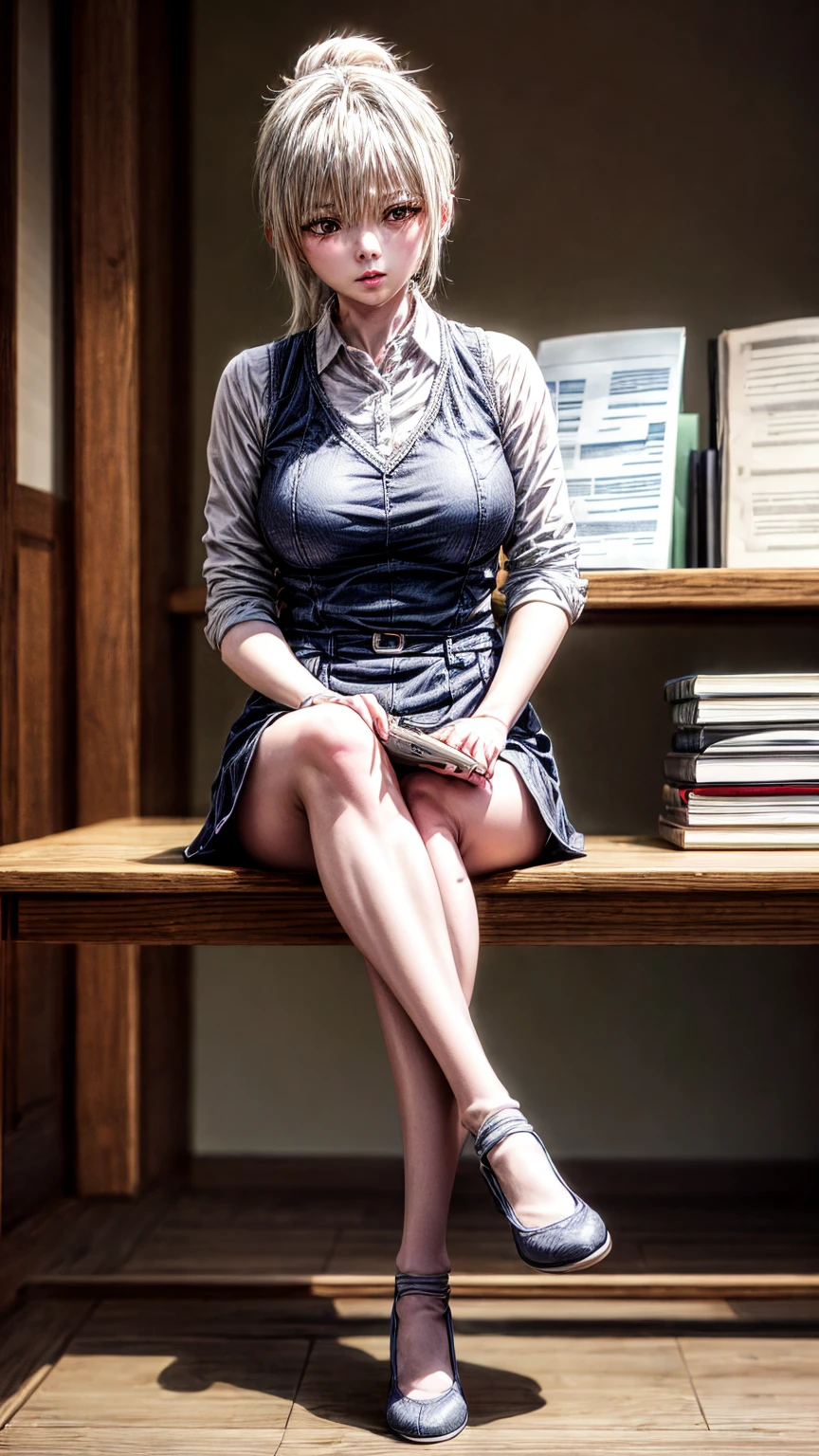 8K quality、High resolution、High resolutionの肌、Thin legs、Full Body Shot、Moist lips、Sitting at a desk looking at documents
