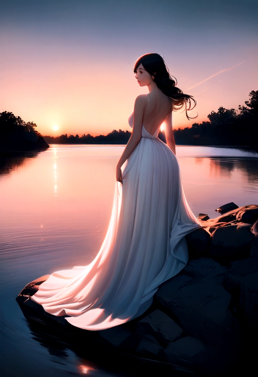 woman in a white dress stands on a rock overlooking the river, Mark Adams, flowy dress, amazing photo shoot, inspired Michael Komark, Flowing white dress, flowy dress, ethereal back light, 5 0 0 px, 500 pixels, Michael Komark, unearthly beauty, Max Reeve, Popular at 5 0 0 px