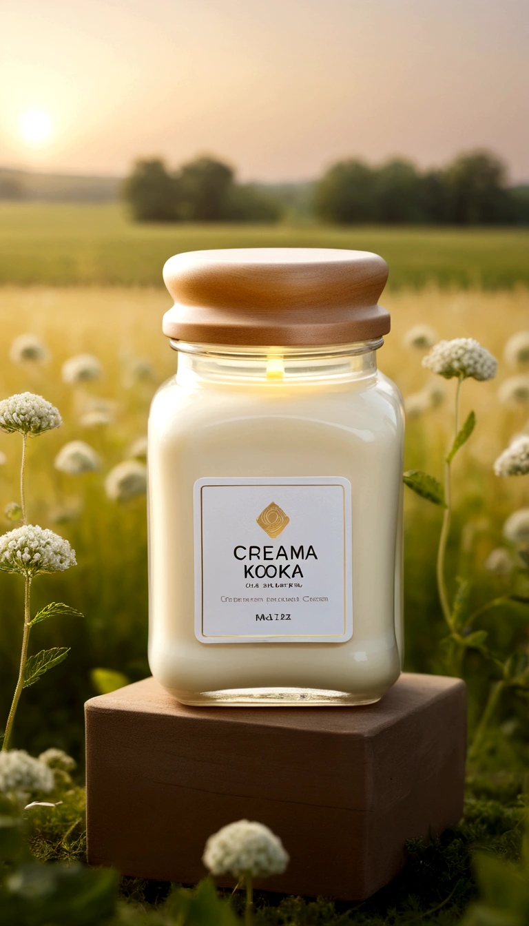 Cream с кокосовым маслом, Cream, баночка Creamа для тела, Cream для тела, баночка с Creamом лежит на траве, soft aura, blurred background, light, нежный Cream, cold haze, small jar, atmosphere, in field, square jar