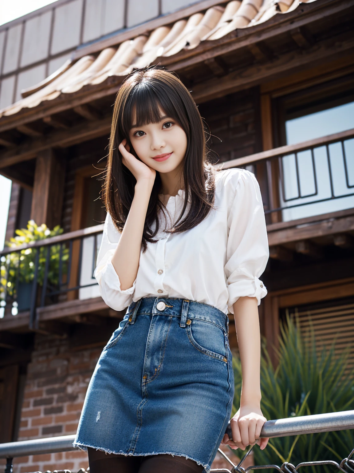 very cute and beautiful girl,(Very delicate and beautiful face and eyes:1.2), smile,Black Hair,Denim mini skirt,(From below),Glossy Pantyhose,、, summer,Rooftop,building,Chain link fence, (Highest quality,Tabletop:1.2),Intricate details,Very detailed,High resolution,alone,Cinema Lighting,