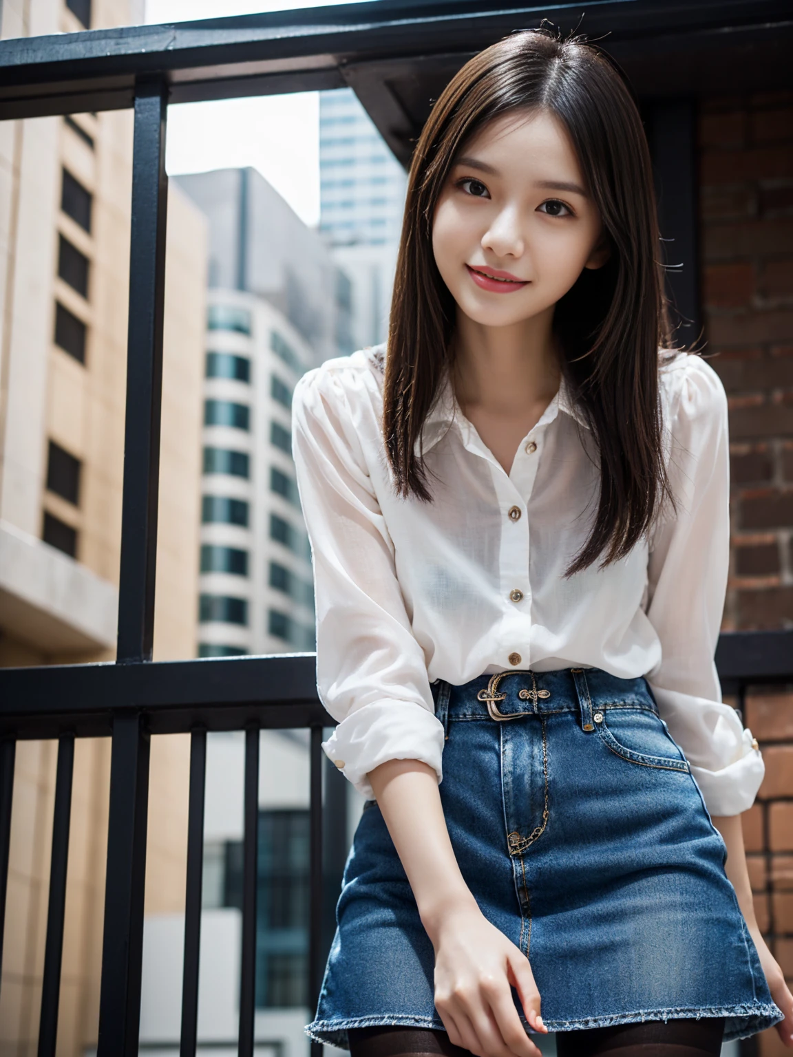 very cute and beautiful girl,(Very delicate and beautiful face and eyes:1.2), smile,Black Hair,Denim mini skirt,(From below),Glossy Pantyhose,、, summer,Rooftop,building,Chain link fence, (Highest quality,Tabletop:1.2),Intricate details,Very detailed,High resolution,alone,Cinema Lighting,