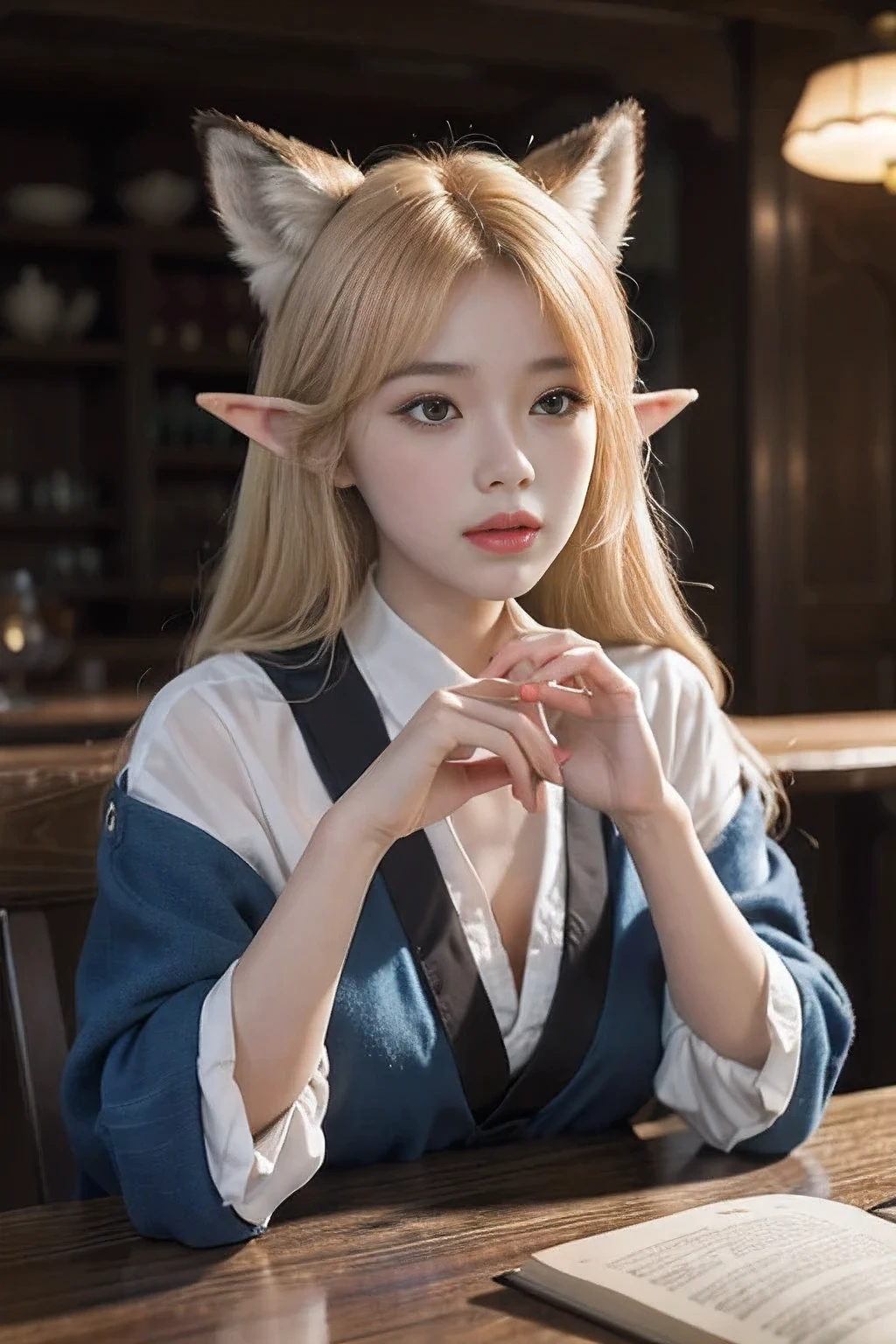 masterpiece,best quality,(Very detailed CG unified 8k wallpaper),(best quality),(Best illustrations),(The best shadow),1 Golden hair, fox ears, nine-tailed fox pose,Close-up of beautiful woman with blond hair and white mask,beautiful figure painting,Gurwitz,Gurwitz-style artwork,White-haired god,Yang Jian,Epic and beautiful character art,Stunning character art,Fan Qi,Wu Zhun Shifan,Gurwitz on Pixiv Art Site,glow elf,Natural Elements in Restaurant Themes。Mystery Restaurant,Beautiful cafe,Great indoor activity,Surrounded by elves,Surrounded by exquisite furnishings and café furnishings(Natural Elements),(Cafe theme),(leaf),(Twig),(firefly),(Particle Effects), Octane Rendering,Ray tracing,Super detailed