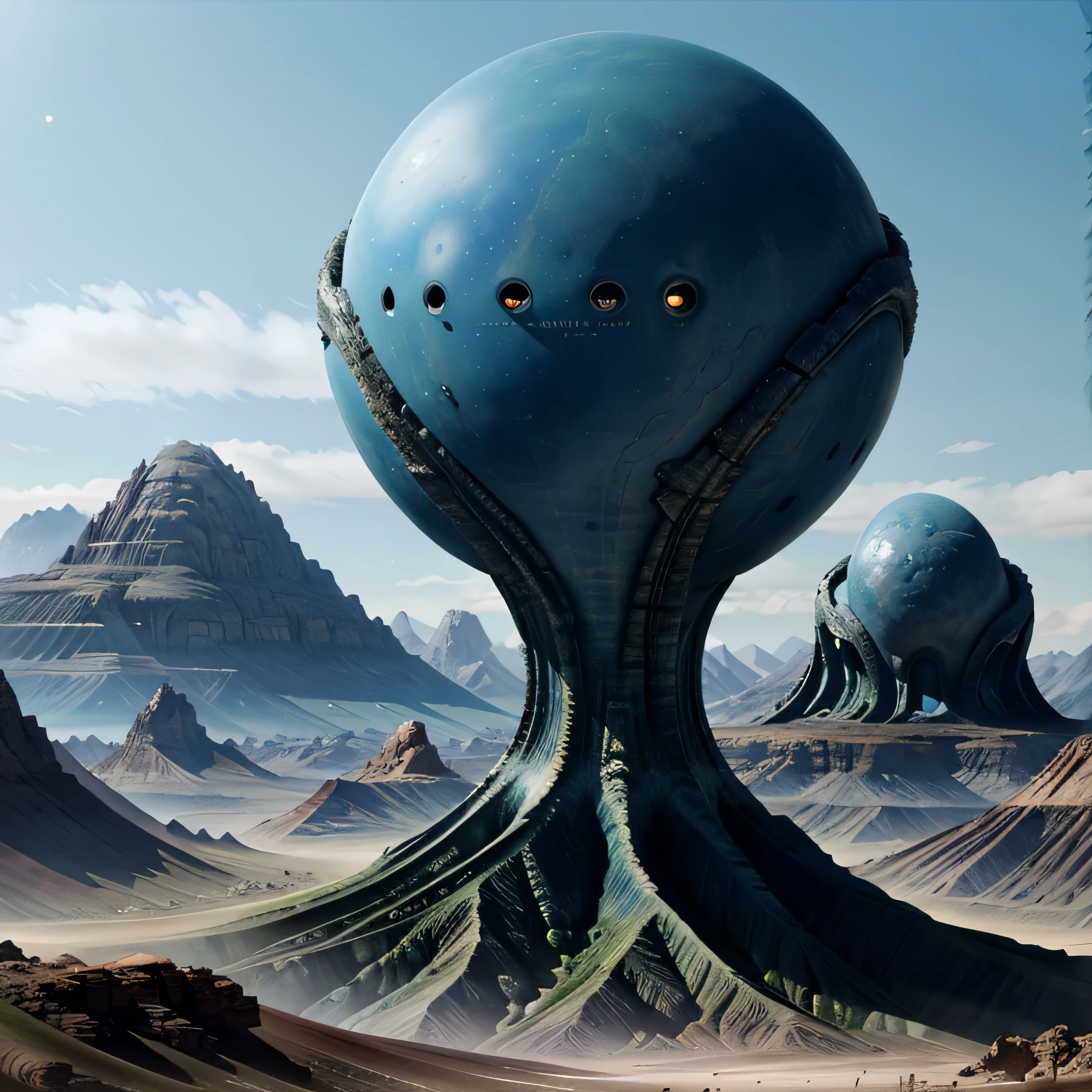 a vast alien exoplanet landscape,blue skies, strange growing alien flora, otherworld geology, intricate alien architecture, advanced alien technology, cinematic lighting, matte painting style, highly detailed, photorealistic, 8k, best quality, ultra-detailed, realistic, atmospheric