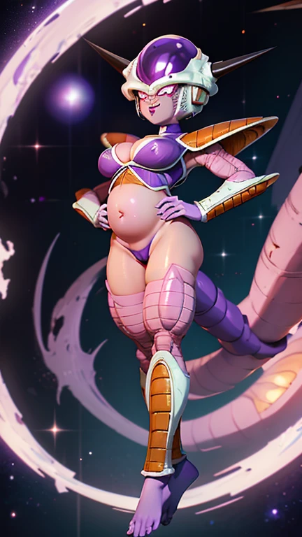 frieza gender bend, flawless skin, accurate skin texture, big breasts, deep cleavage, big round ass, round Buttocks, cameltoe, wide hips, leg spread apart, her hips swaying, white skimpy armor, anime eyes dragon ball z, frieza eyes, purple nipples, pregnant belly, laughing, frieza spaceship