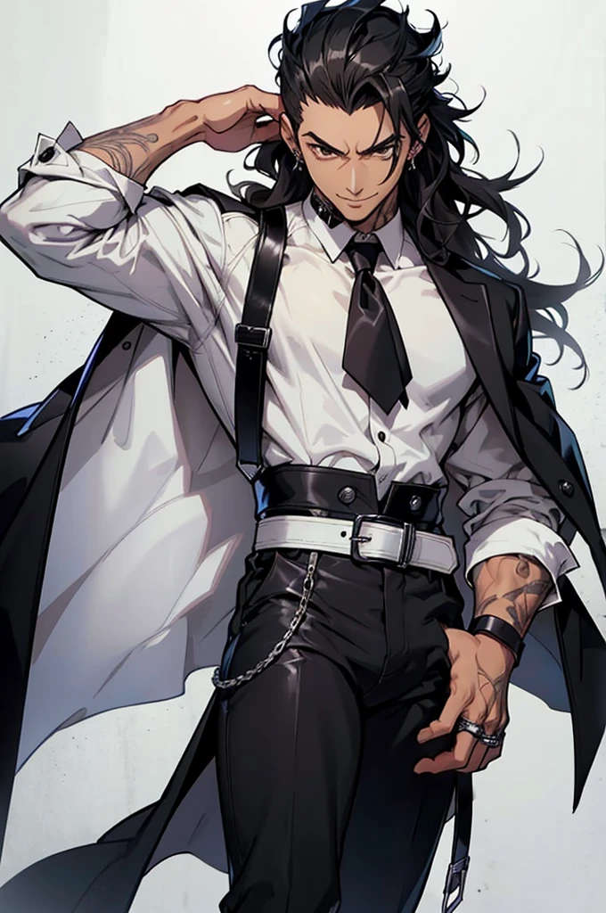Young man, brown skin, brown eyes, mischievous smile, curly mid-long hair, black hair, formal outfit, white shirt with rolled up sleeves and top buttons open, tattooed forearms, black kerchief like a tie, black suit pants, black leather belt with silver buckle, black suit jackets, jacket over shoulders like a cape, black leather boots with silver buckles, silver rings on fingers, three silver earrings on right ear, hunterxhunter anime style, no white skin
