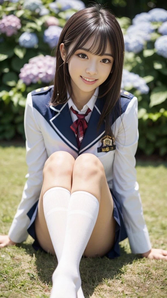 (8k, Raw photo, highest quality, masterpiece:1.2), masterpiece, highest quality, figure, Very detailed, Fine details, High resolution, 8k,wallpaper, Perfect dynamic composition,(Detailed high quality, Realistic depiction of eyes:1.15), (1 high school girl)、 (uniform、blazer 、Super Short Check Uniform Skirt、Navy blue knee-high socks、Disheveled uniform:1.2), very Short Hair,pixie hair, Black hair color, hugeな胸, Big Natural Color Lip, Bold sexy pose, (Perfect figure), Cold Stare,  Beautiful Makeup,Glitter makeup,The cutest 18 year old, Beautiful feet, Gravure idol pose, Voluptuous thighs、((Big eyes that shine like jewels))、Glossy glossy skin、(Droopy big eyes, Natural Makeup、Ultra-high definition beauty face:1.35)、(Ultra high resolution perfect beautiful teeth, Mid-chest, Tight waist, toothy big smile,duck mouth,Dimples,medium breasts,slender waist:1.25)、Young and cute gravure idol、(sitting in the field of hydrangeas:1.25)、