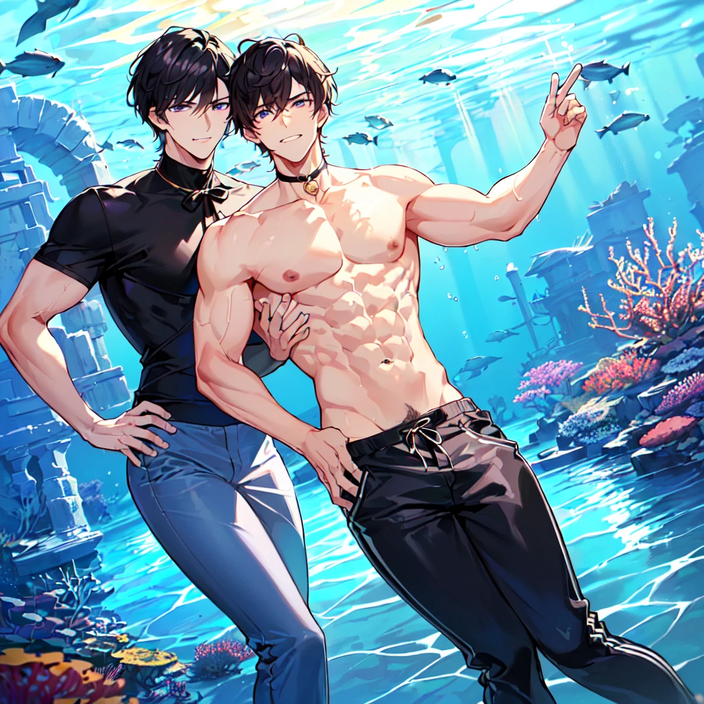 masterpiece,best quality,high quality,extremely detailed,(2 male austere handsome men, adult age 30 years old:1.5),(purple eyes, cool with suspended eyes), strong and fearless body, 8.5 head tall and 185cm tall,(well-groomed black short hair to neck:1.4), (bangs parted in thirds:1.4), (pectoral and rectus abdominis muscles:1.3), slender nose, facial muscles, (saltwater pants:1.3), (hand on neck:1.3), (scowling smile:1.3), (swimming:1.3), (stylish pose), (background deep sea underwater:1.3)