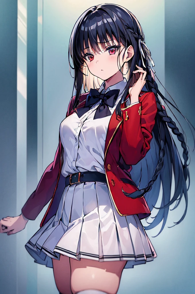 (masterpiece, best quality:1.5), (ultra detailed:1.4), super fine illustration, perfect anatomy, 8k portrait, official art, anime screencap,
1girl,
Suzune Horikita,
Suzune Horikita \(youjitsu\),
long hair, braid,
black hair,
red eyes, slant eyes, small eyes,
blue bow,
medium breasts,
red jacket, long sleeves, white skirt, pleated skirt, black thigh-high socks,
looking at viewer,
cowboy shot,
perfect light,