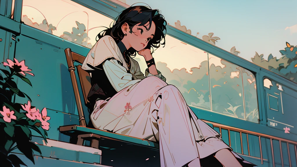 At the flower park、Cool woman、Break、Sitting in a chair、Angle from the front