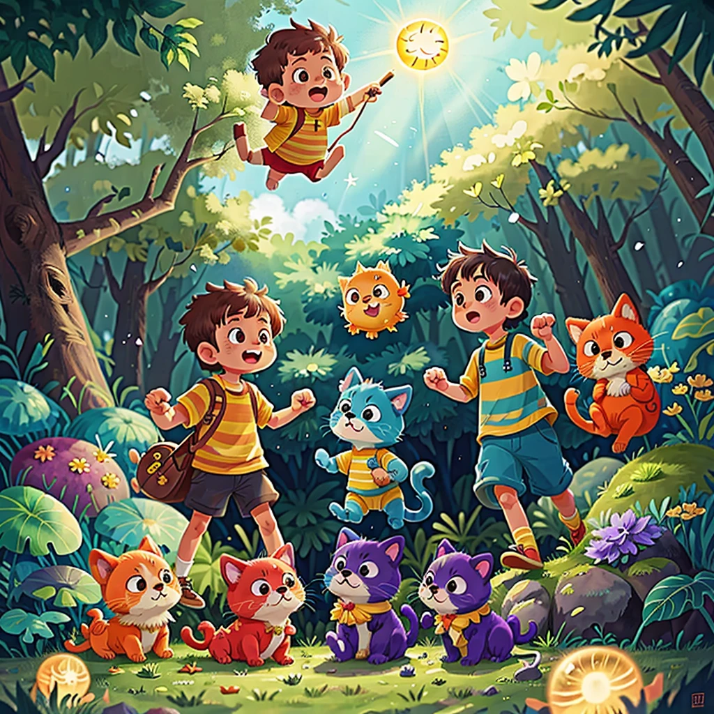 The vast starry sky, the shining sun, the naughty kitten, the clever puppy, Duoduo, playing in the forest