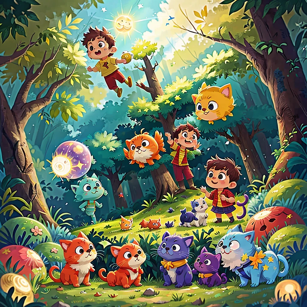The vast starry sky, the shining sun, the naughty kitten, the clever puppy, Duoduo, playing in the forest