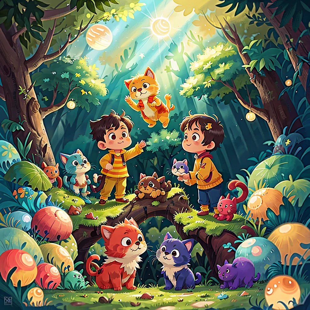 The vast starry sky, the shining sun, the naughty kitten, the clever puppy, Duoduo, playing in the forest