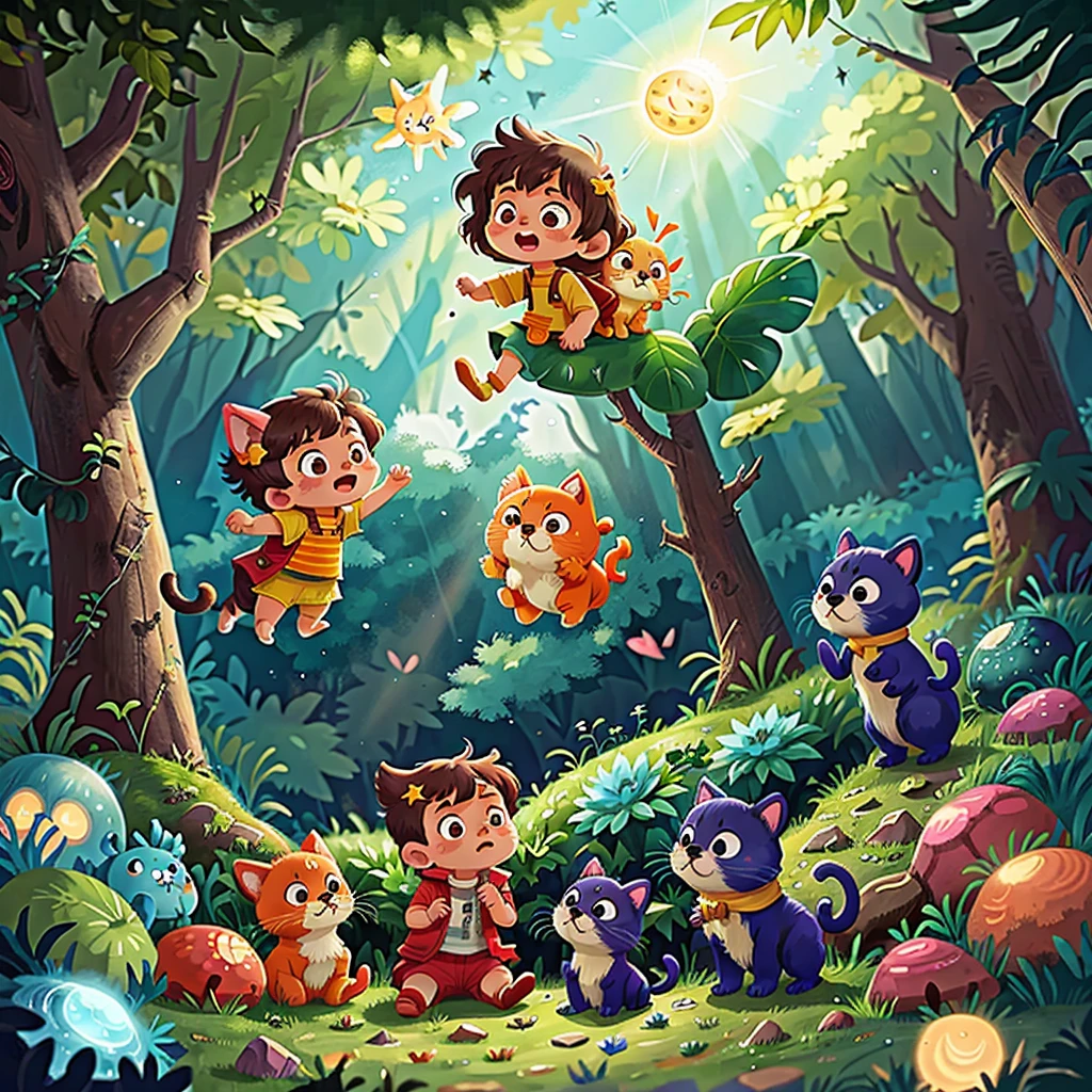 The vast starry sky, the shining sun, the naughty kitten, the clever puppy, Duoduo, playing in the forest