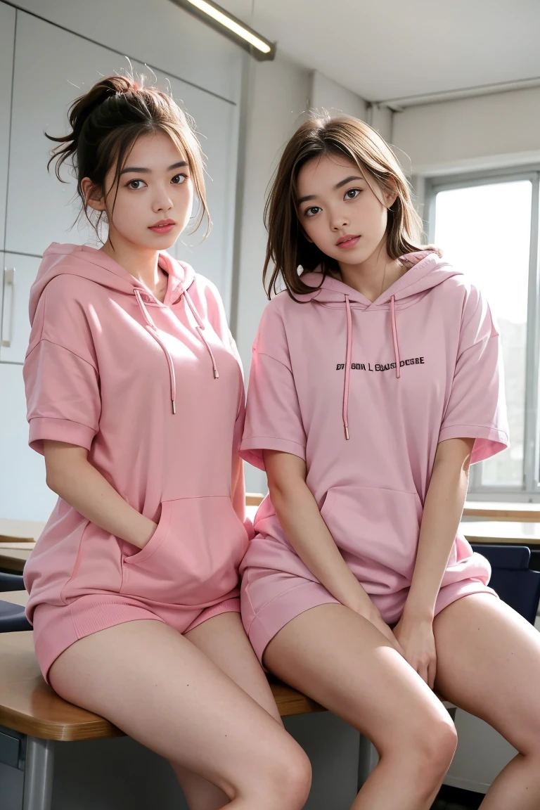 deux femmes ensemble de 18 ans sexy et mince , pink short sleeve hoodie , salle de classe, se touche,position sey,sensuel,visible legs,
