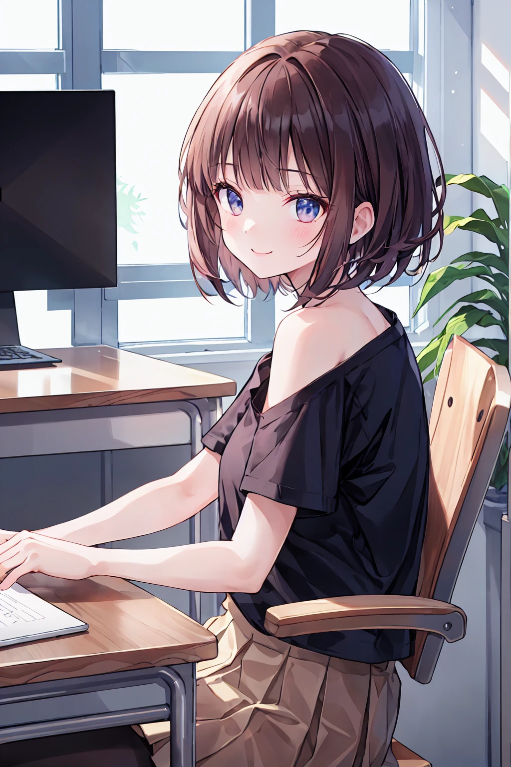 Frame In, Front view of face and body, View from the front, Upper Body, high quality, Very high resolution, high quality, Very high resolution, pretty girl, Brown Hair, amount, Blunt bangs, Bobcut, blush, Raked up bangs, (Wearing a plain T-shirt), upright, Pleated skirt, Work Desk, Sit in a work chair, At the office,8K,Ultra HD,nice smile,