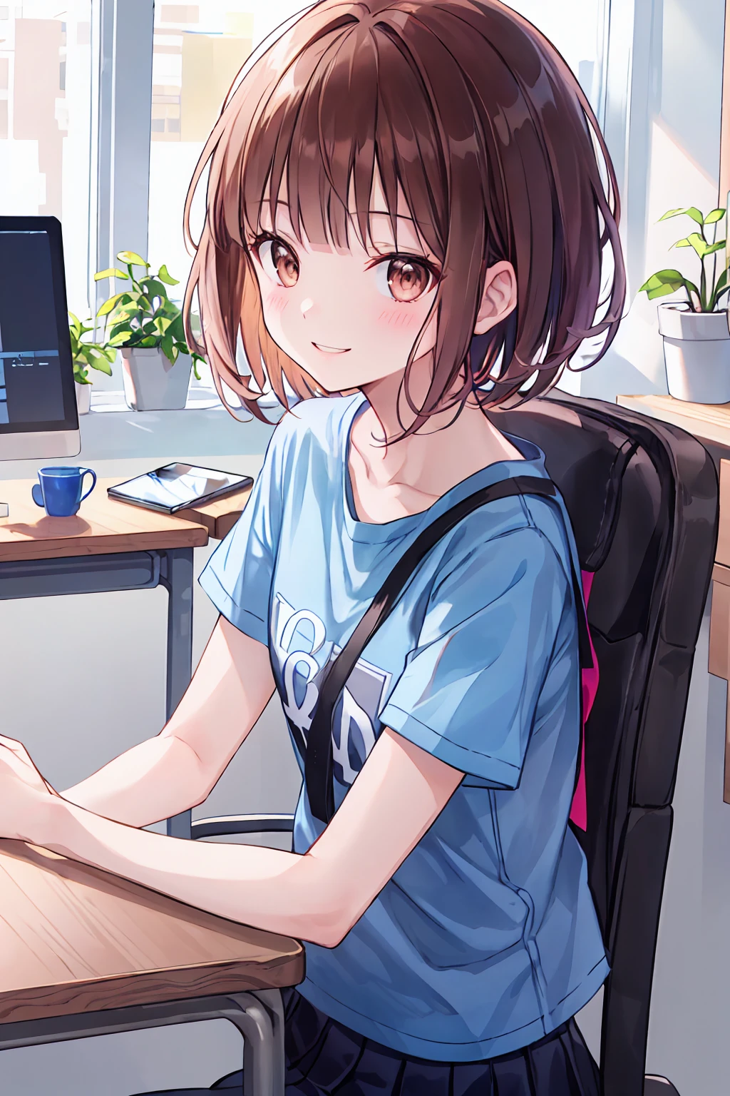 Frame In, Front view of face and body, View from the front, Upper Body, high quality, Very high resolution, high quality, Very high resolution, pretty girl, Brown Hair, amount, Blunt bangs, Bobcut, blush, Raked up bangs, (Wearing a plain T-shirt), upright, Pleated skirt, Work Desk, Sit in a work chair, At the office,8K,Ultra HD,nice smile,