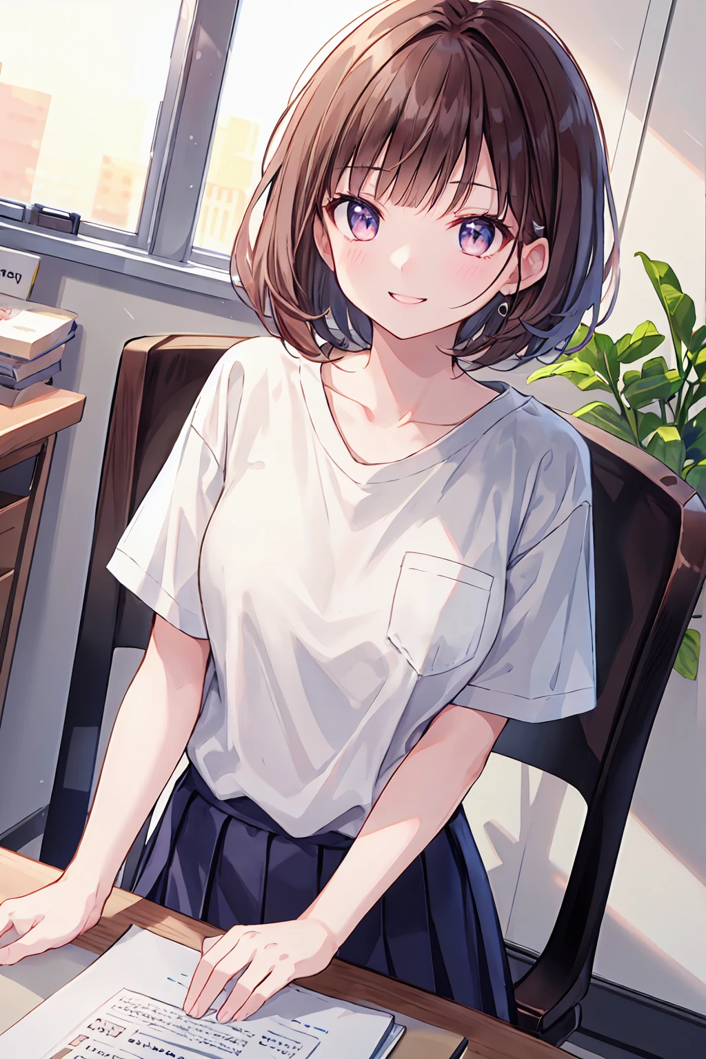 Frame In, Front view of face and body, View from the front, Upper Body, high quality, Very high resolution, high quality, Very high resolution, pretty girl, Brown Hair, amount, Blunt bangs, Bobcut, blush, Raked up bangs, (Wearing a plain T-shirt), upright, Pleated skirt, Work Desk, Sit in a work chair, At the office,8K,Ultra HD,nice smile,