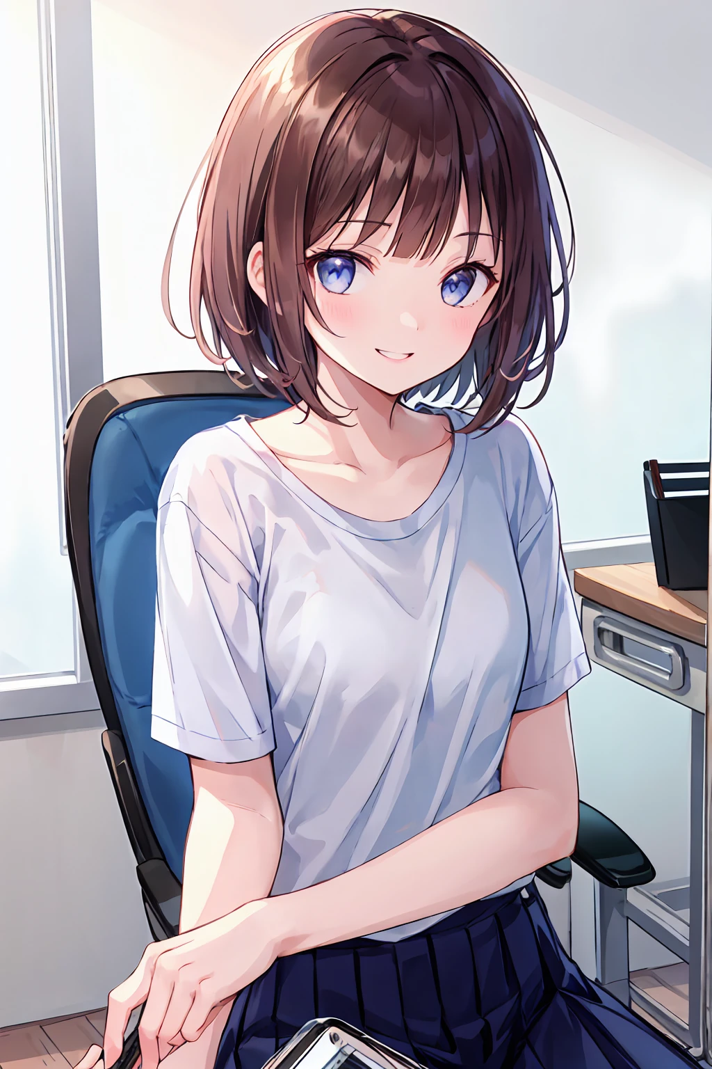 Frame In, Front view of face and body, View from the front, Upper Body, high quality, Very high resolution, high quality, Very high resolution, pretty girl, Brown Hair, amount, Blunt bangs, Bobcut, blush, Raked up bangs, (Wearing a plain T-shirt), upright, Pleated skirt, Work Desk, Sit in a work chair, At the office，8K，Ultra HD,nice smile,