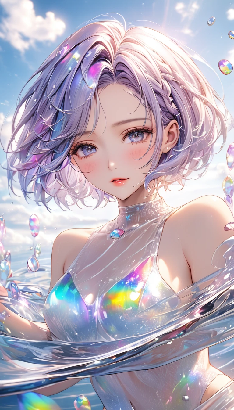 best quality, super fine, 16k, incredibly absurdres, extremely detailed, 2.5D, delicate and dynamic depiction, beautiful woman, amorous and lewd expression, white messy wavy fine braided short hair, forehead, make-up, superlative body proportion, ripples in water, transparent, translucent, prisms, iridescent sequins, dancing letters, portraits, prime lenses, lens filters, clear subject, background sky, heaven, heavenly, soft pastel color image effects