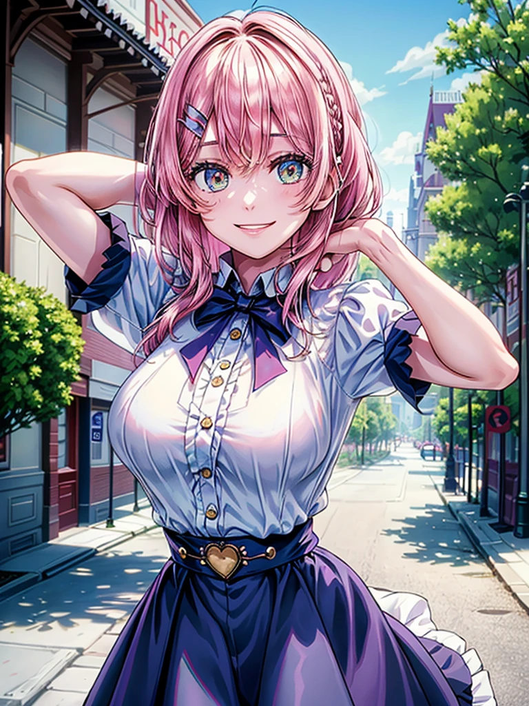 best image quality, (masterpiece:1.2), ultra detailed, exquisite, cowboy shot, high quality, Beautiful art, One Girl, looking at viewers, (leaning forward:1.5), arms behind back,  ((18 years old, Big Breasts, Giant bust:1.2)), fair skin, beautiful skin, Detailed teeth, Light green eye rest, Meticulous Eyelash Details, twinkle(in the eyes), Pastel pink French Braid, thin, smile, Heartily laugh, Fashionable clothes、(white ruffled blouse:1.1)、White collared shirt, (dark blue high-waist skirt:1.5), (Short sleeve shirt:1.1), from above,  in a town