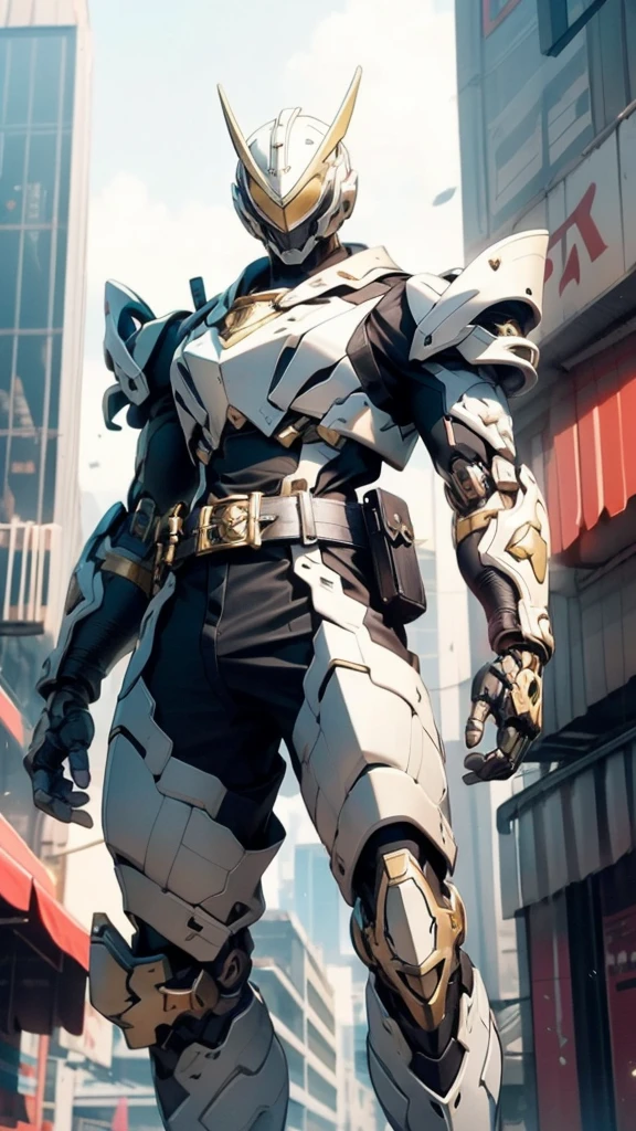 A man wearing a full-face helmet, a fantasy-style biotech armored combat suit, green eyes, (a composite layered chest armor), fully enclosed shoulder guards, matching arm and leg guards, the belt is adorned with cross, (the color scheme is primarily white with golden and blue accents), the design balances heavy with agility, a high-tech bio-mecha armor, (Armor Concept Inspired by Paladin, stand on the top of a skyscraper in a futuristic sci-fi city), this character embodies a finely crafted fantasy-surreal style armored hero in anime style, exquisite and mature manga art style, (battle damage, element, plasma, energy, the armor glows), ((male:1.5)), metallic, real texture material, dramatic, high definition, best quality, highres, ultra-detailed, ultra-fine painting, extremely delicate, professional, perfect body proportions, golden ratio, anatomically correct, symmetrical face, extremely detailed eyes and face, high quality eyes, creativity, RAW p