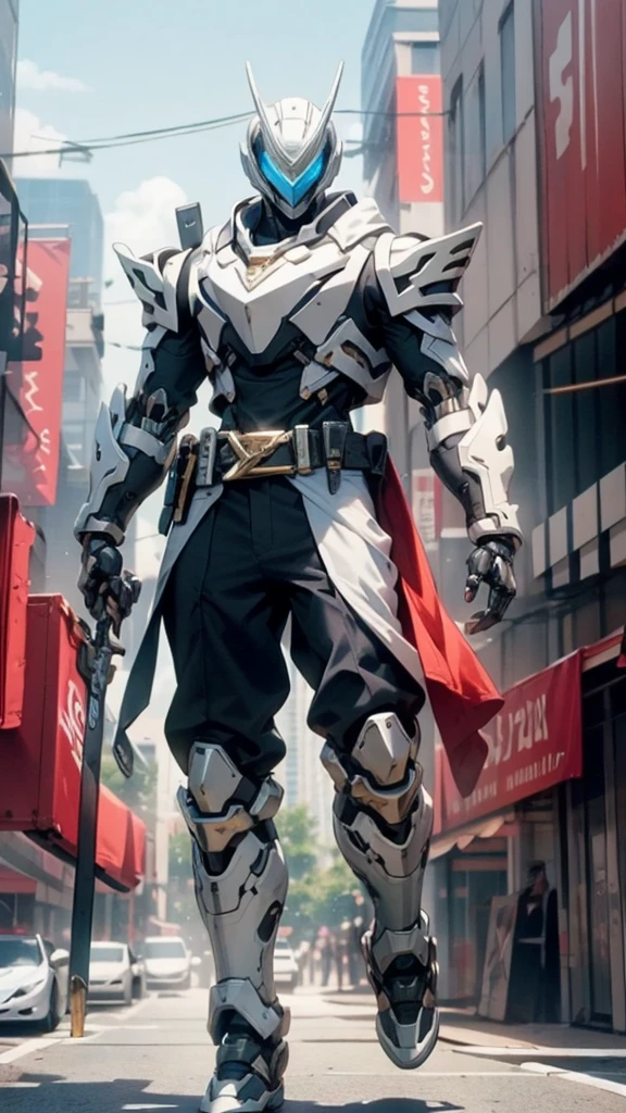 A man wearing a full-face helmet, a fantasy-style biotech armored combat suit, green eyes, (a composite layered chest armor), fully enclosed shoulder guards, matching arm and leg guards, the belt is adorned with cross, (the color scheme is primarily white with golden and blue accents), the design balances heavy with agility, a high-tech bio-mecha armor, (Armor Concept Inspired by Paladin, stand on the top of a skyscraper in a futuristic sci-fi city), this character embodies a finely crafted fantasy-surreal style armored hero in anime style, exquisite and mature manga art style, (battle damage, element, plasma, energy, the armor glows), ((male:1.5)), metallic, real texture material, dramatic, high definition, best quality, highres, ultra-detailed, ultra-fine painting, extremely delicate, professional, perfect body proportions, golden ratio, anatomically correct, symmetrical face, extremely detailed eyes and face, high quality eyes, creativity, RAW p