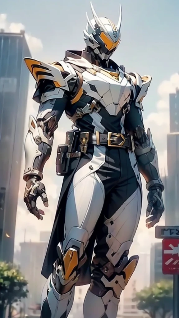 A man wearing a full-face helmet, a fantasy-style biotech armored combat suit, green eyes, (a composite layered chest armor), fully enclosed shoulder guards, matching arm and leg guards, the belt is adorned with cross, (the color scheme is primarily white with golden and blue accents), the design balances heavy with agility, a high-tech bio-mecha armor, (Armor Concept Inspired by Paladin, stand on the top of a skyscraper in a futuristic sci-fi city), this character embodies a finely crafted fantasy-surreal style armored hero in anime style, exquisite and mature manga art style, (battle damage, element, plasma, energy, the armor glows), ((male:1.5)), metallic, real texture material, dramatic, high definition, best quality, highres, ultra-detailed, ultra-fine painting, extremely delicate, professional, perfect body proportions, golden ratio, anatomically correct, symmetrical face, extremely detailed eyes and face, high quality eyes, creativity, RAW p