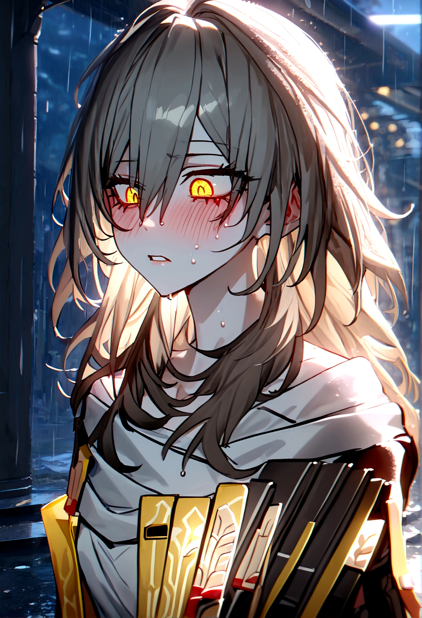 1girl, solo, looking down, stelle (honkai: star rail), very long hair, silver hair, golden hair, serious gaze, glowing eyes, solid eyes, sharp eyes, yellow pupils, bright pupils, slit pupils, purple scales, emotionless, glossy lips, parted lips, blush, disgusted face, expressive face, very long hair, outdoor, rain background, raining, perfect face, perfect hands, perfect fingers, non human fingers, perfect design, perfect detailed eyes, beautiful detailed eyes, top quality, best quality, masterpiece, detailed outfit, super detailed, ultra detailed, highly detailed, cinematic lighting, perfect anatomy, CG:1.9, ultra detailed:1.9, ultra-detailed:1.9, high resolution:1.9, high res:1.9, absurdres:1.9, masterpiece:2, high quality:2, best quality:2,pottsness style,heavy-rain, rain, wet, cloudy, dark, wet clothes, wet hair, 