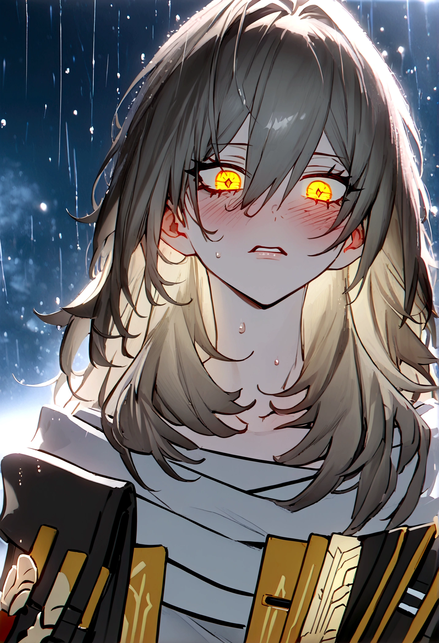 1girl, solo, looking down, stelle (honkai: star rail), very long hair, silver hair, golden hair, serious gaze, glowing eyes, solid eyes, sharp eyes, yellow pupils, bright pupils, slit pupils, purple scales, emotionless, glossy lips, parted lips, blush, disgusted face, expressive face, very long hair, outdoor, rain background, raining, perfect face, perfect hands, perfect fingers, non human fingers, perfect design, perfect detailed eyes, beautiful detailed eyes, top quality, best quality, masterpiece, detailed outfit, super detailed, ultra detailed, highly detailed, cinematic lighting, perfect anatomy, CG:1.9, ultra detailed:1.9, ultra-detailed:1.9, high resolution:1.9, high res:1.9, absurdres:1.9, masterpiece:2, high quality:2, best quality:2,pottsness style,heavy-rain, rain, wet, cloudy, dark, wet clothes, wet hair, 