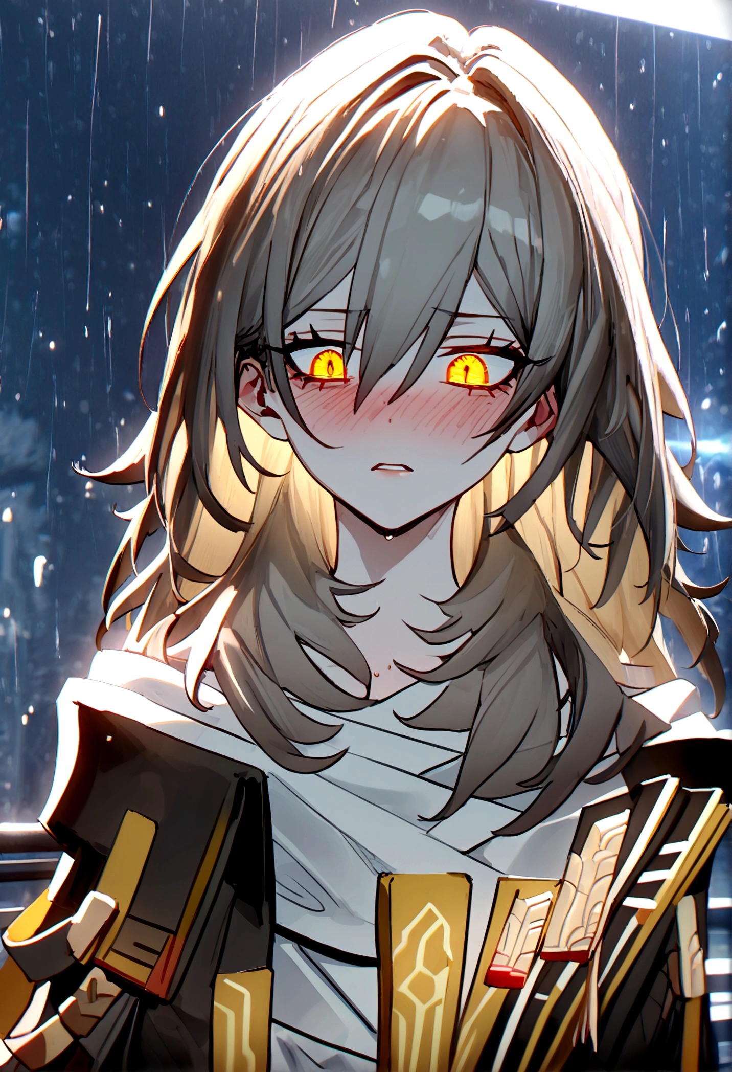 1girl, solo, looking down, stelle (honkai: star rail), very long hair, silver hair, golden hair, serious gaze, glowing eyes, solid eyes, sharp eyes, yellow pupils, bright pupils, slit pupils, purple scales, emotionless, glossy lips, parted lips, blush, disgusted face, expressive face, very long hair, outdoor, rain background, raining, perfect face, perfect hands, perfect fingers, non human fingers, perfect design, perfect detailed eyes, beautiful detailed eyes, top quality, best quality, masterpiece, detailed outfit, super detailed, ultra detailed, highly detailed, cinematic lighting, perfect anatomy, CG:1.9, ultra detailed:1.9, ultra-detailed:1.9, high resolution:1.9, high res:1.9, absurdres:1.9, masterpiece:2, high quality:2, best quality:2,pottsness style,heavy-rain, rain, wet, cloudy, dark, wet clothes, wet hair, 