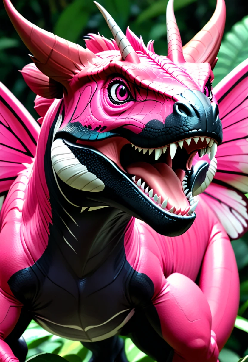 there is a large ((black and white butterfly: 1.2))  (sitting on the top of the nose: 1.5) of a (bright pink T-rex: 1.2) dinosaur, the butterfly wings are spread wide to display, a really close up shot, (masterpiece: 1.4) intense details, highly detailed, photorealistic, best quality, highres,16k, [ultra detailed], masterpiece, best quality, (extremely detailed), close up facial shot, picture, shot taken from really close distance