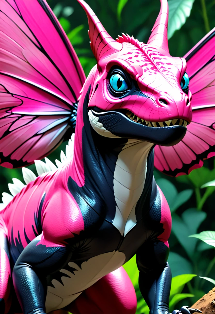 there is a large ((black and white butterfly: 1.2))  (sitting on the top of the nose: 1.5) of a (bright pink T-rex: 1.2) dinosaur, the butterfly wings are spread wide to display, a really close up shot, (masterpiece: 1.4) intense details, highly detailed, photorealistic, best quality, highres,16k, [ultra detailed], masterpiece, best quality, (extremely detailed), close up facial shot, picture, shot taken from really close distance